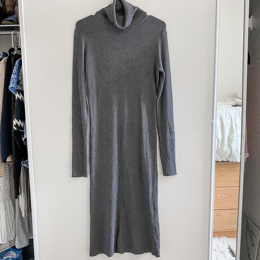 Gray midi sweater dress with scarf turtleneck soft